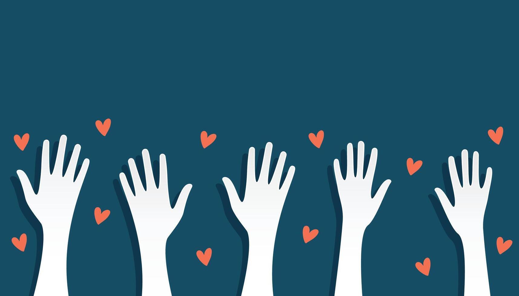papercut vrijwilligers groep verhogen hand- omhoog met liefde hart vector