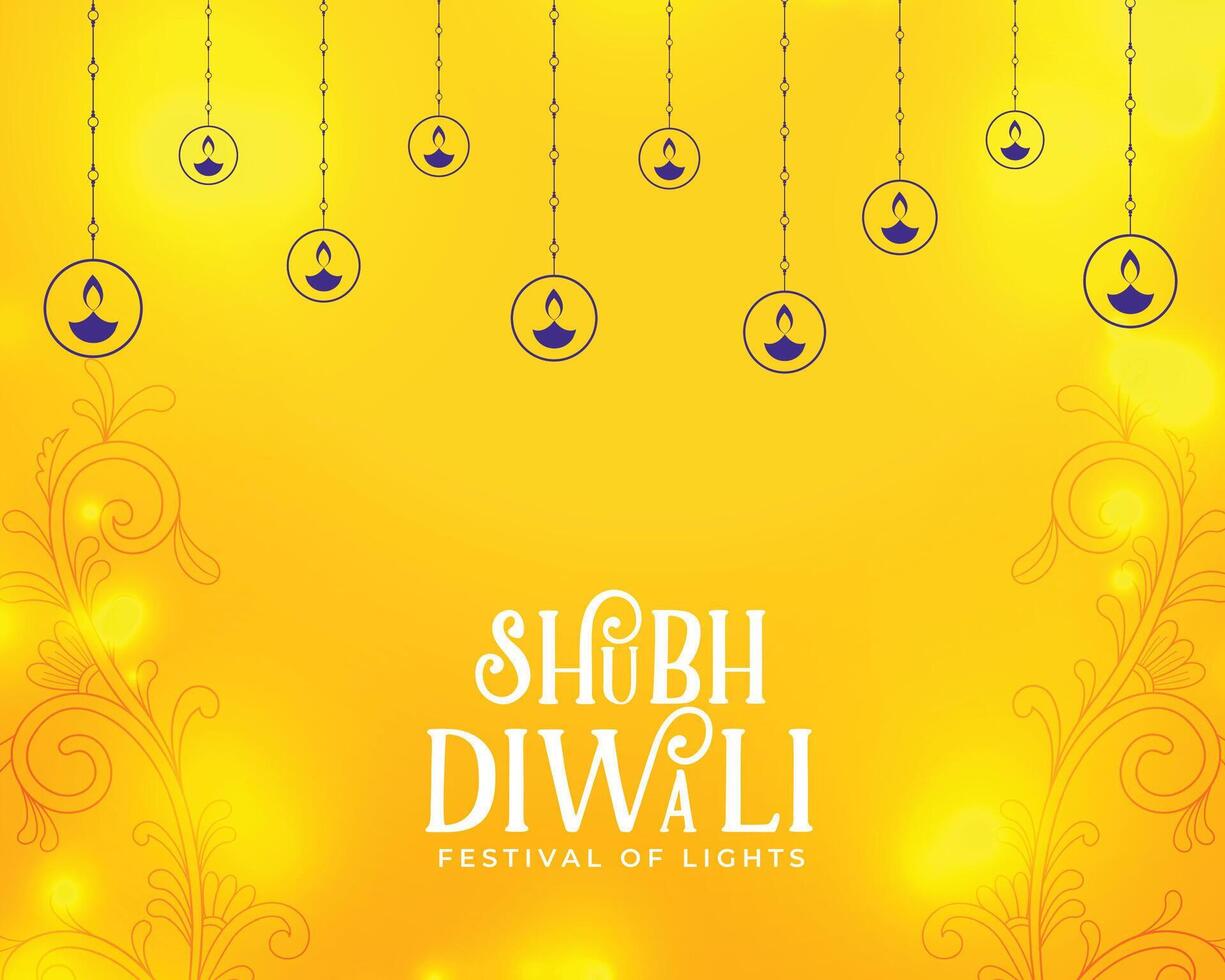 shubh deepavali glimmend geel achtergrond met hangende diya ontwerp vector