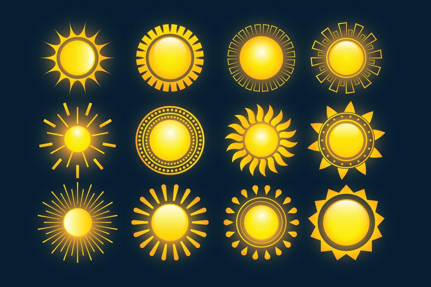 gloeiend geel zomer heet zon verzameling reeks van twaalf vector