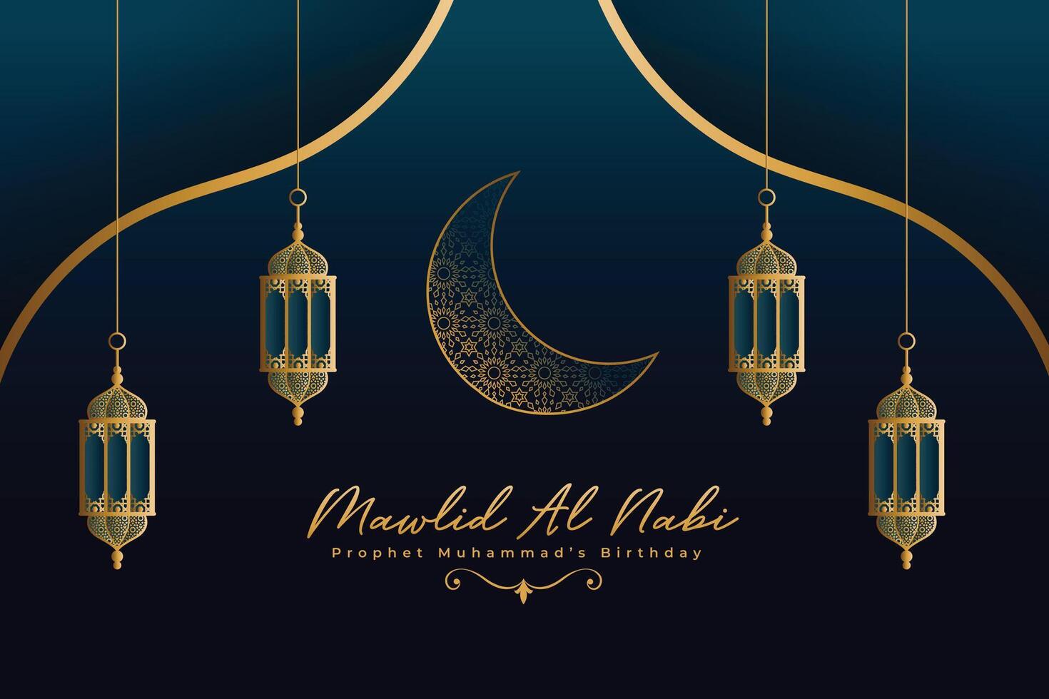 mawlid al nabi festival wensen kaart met lantaarn en maan vector