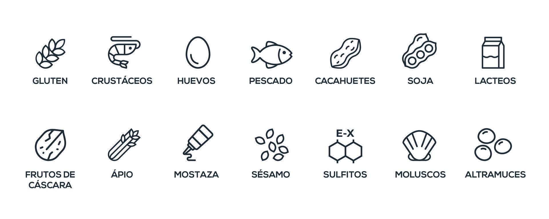 gemakkelijk geïsoleerd vector logo reeks insigne ingrediënt waarschuwing label. zwart en wit allergenen pictogrammen. voedsel onverdraagzaamheid. de 14 allergenen verplicht naar verklaren geschreven in Spaans