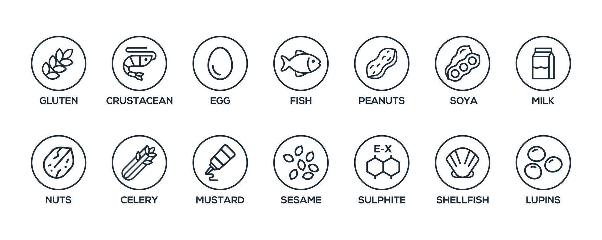 gemakkelijk geïsoleerd vector logo reeks insigne ingrediënt waarschuwing label. zwart en wit allergenen pictogrammen. voedsel onverdraagzaamheid. de 14 allergenen verplicht naar verklaren geschreven in Engels