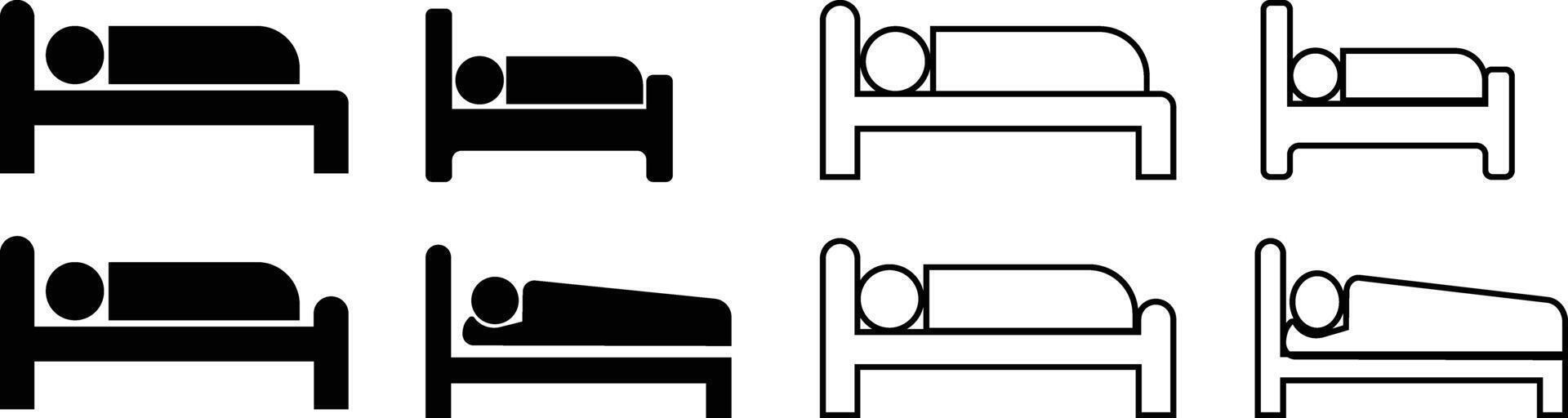 slapen Mens Aan bed icoon in vlak, lijn set. geïsoleerd Aan Mens aan het liegen in bed hebben een droom concept sjabloon. symbool accommodatie voor hotel, herberg, motel. vector voor apps web