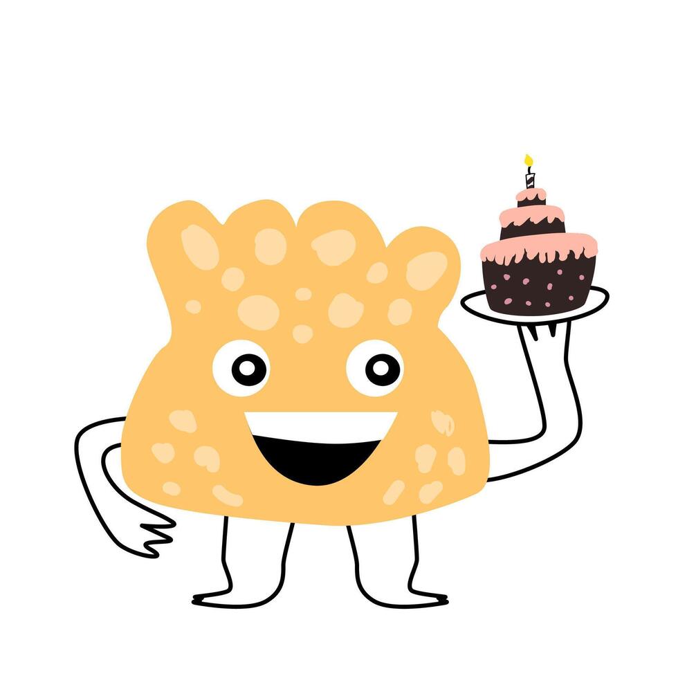 schattig monster baby karakter voor verjaardag met taart vector