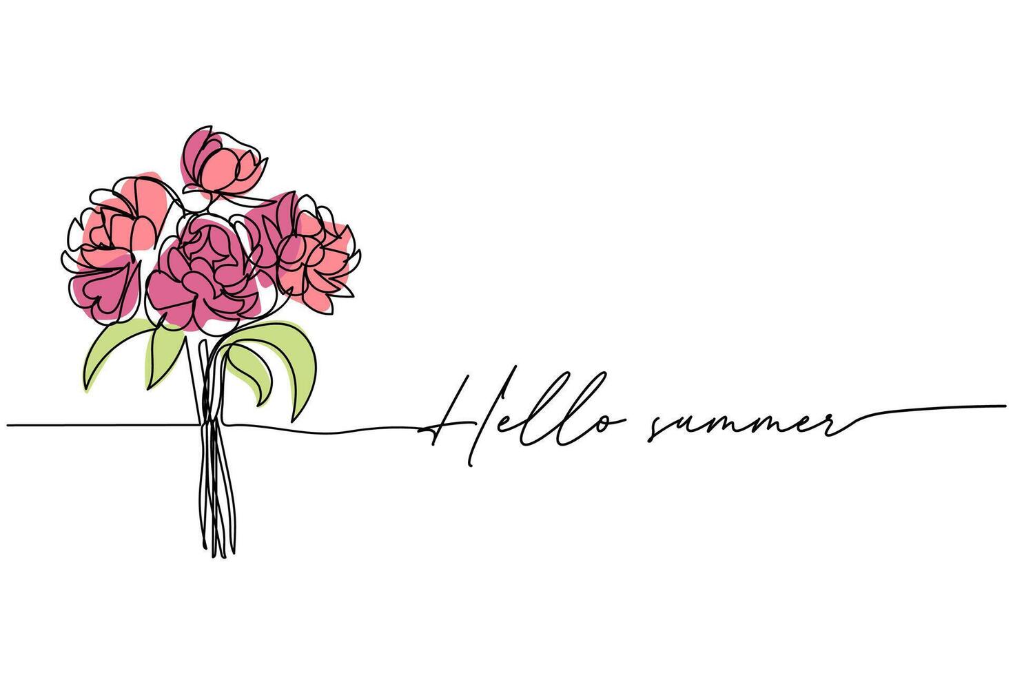 Hallo zomer, boeket van pioen bloemen lijn kunst tekening, een doorlopend lijn tekening en tekst. voor ansichtkaart ontwerp vector