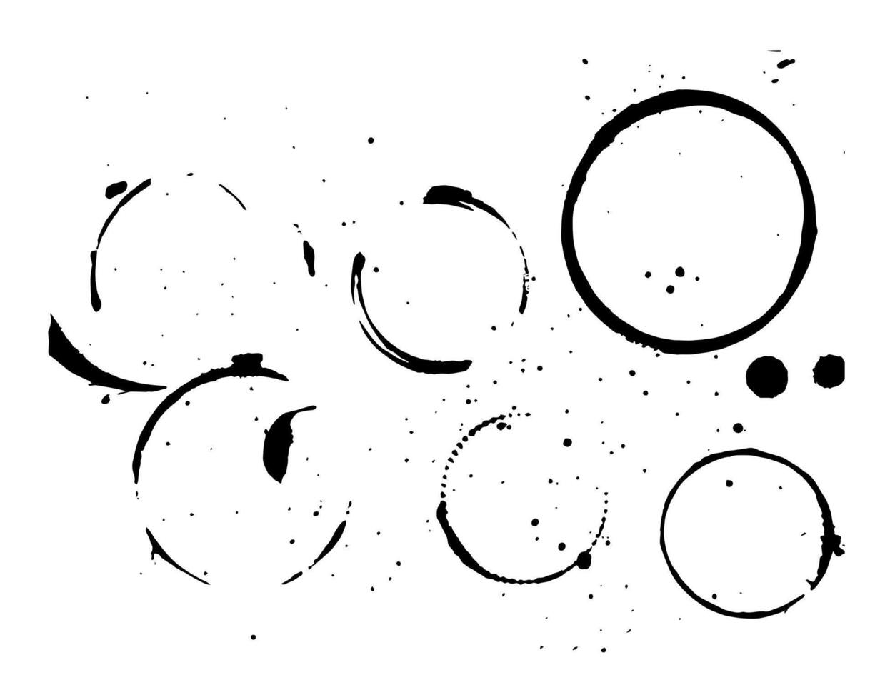 verf prints ronde vormen met verf spatten. vector illustratie voor textuur, achtergrond. zwart verf geïsoleerd spatten Aan wit achtergrond. prints van bril en cups