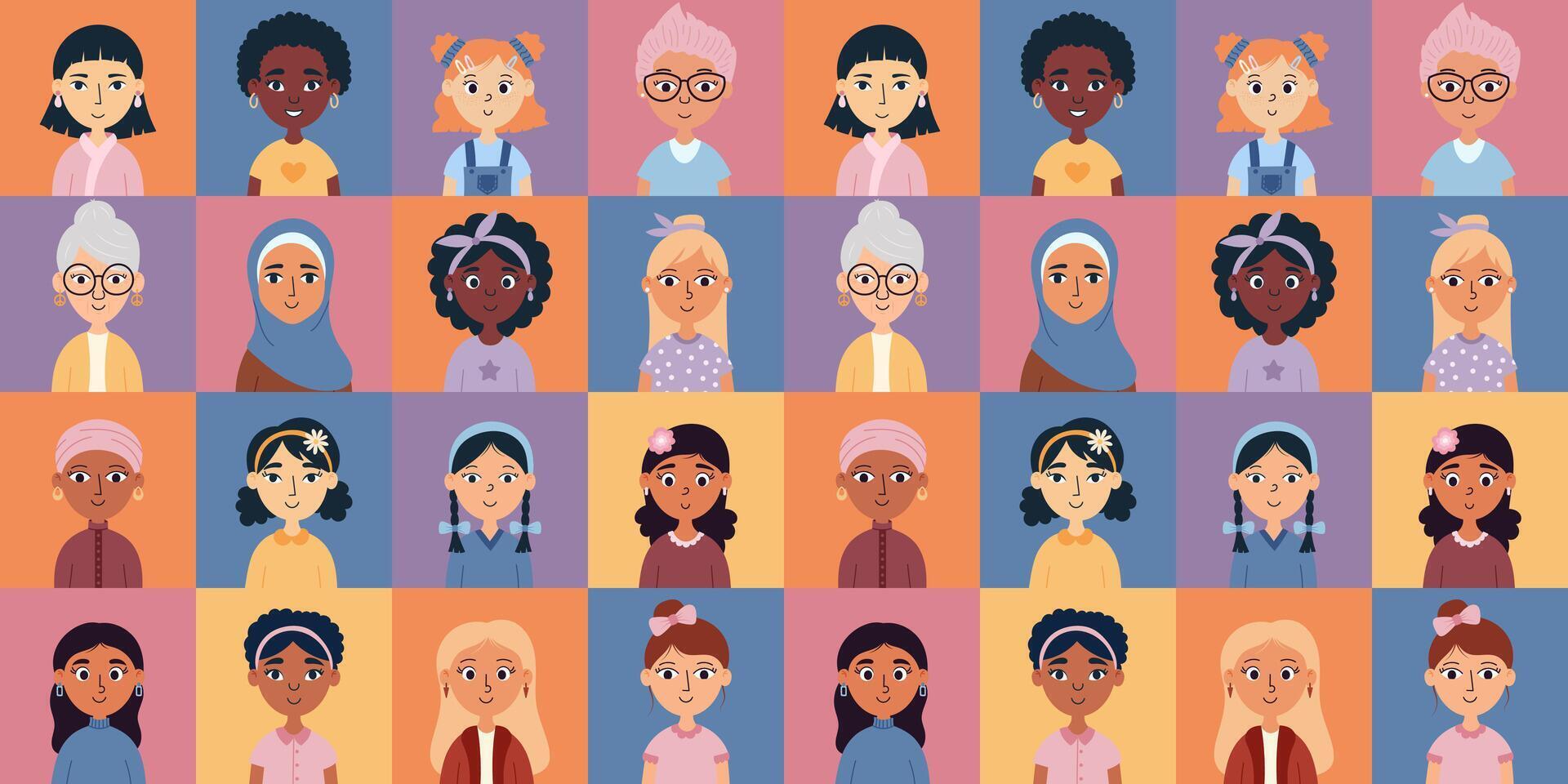 vlak Dames avatars set. gelukkig verschillend multicultureel jong, volwassen, en senior Dames pictogrammen. vrouwen dag meetkundig naadloos patroon. vector ornament voor afdrukken, banier, kaart, kleding stof, Hoes