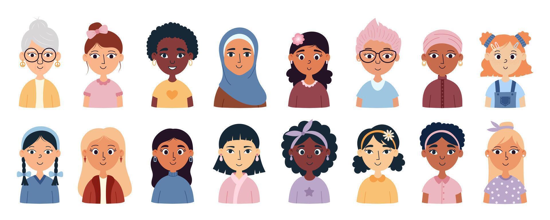 reeks van Dames avatars met verschillend kapsels, huid kleuren, etniciteiten en leeftijd. Internationale vrouwen dag. inspireren inclusie. tekenfilm vector illustratie