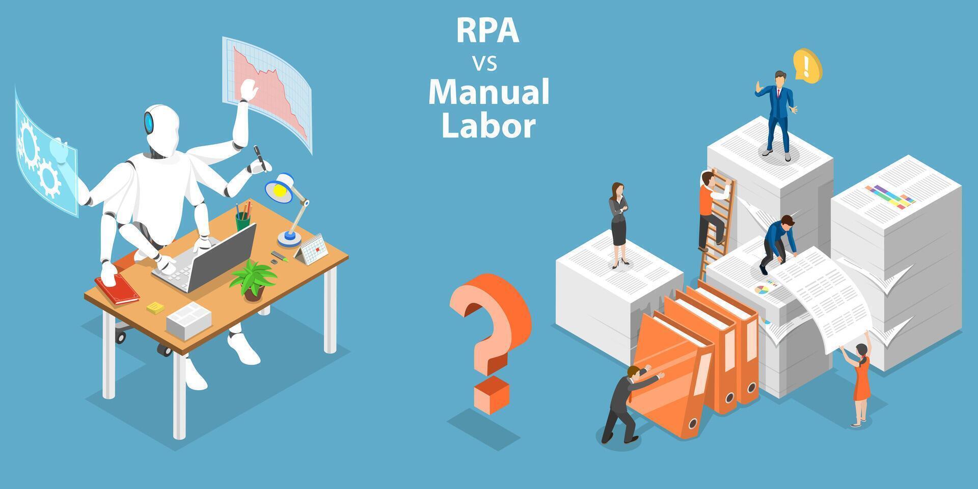 3d isometrische vlak vector conceptuele illustratie van rpa vs handleiding arbeid