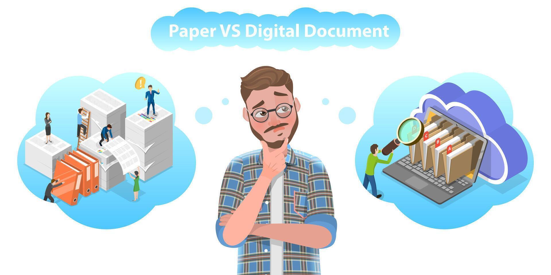 3d isometrische vlak vector conceptuele illustratie van papier vs digitaal documenten.