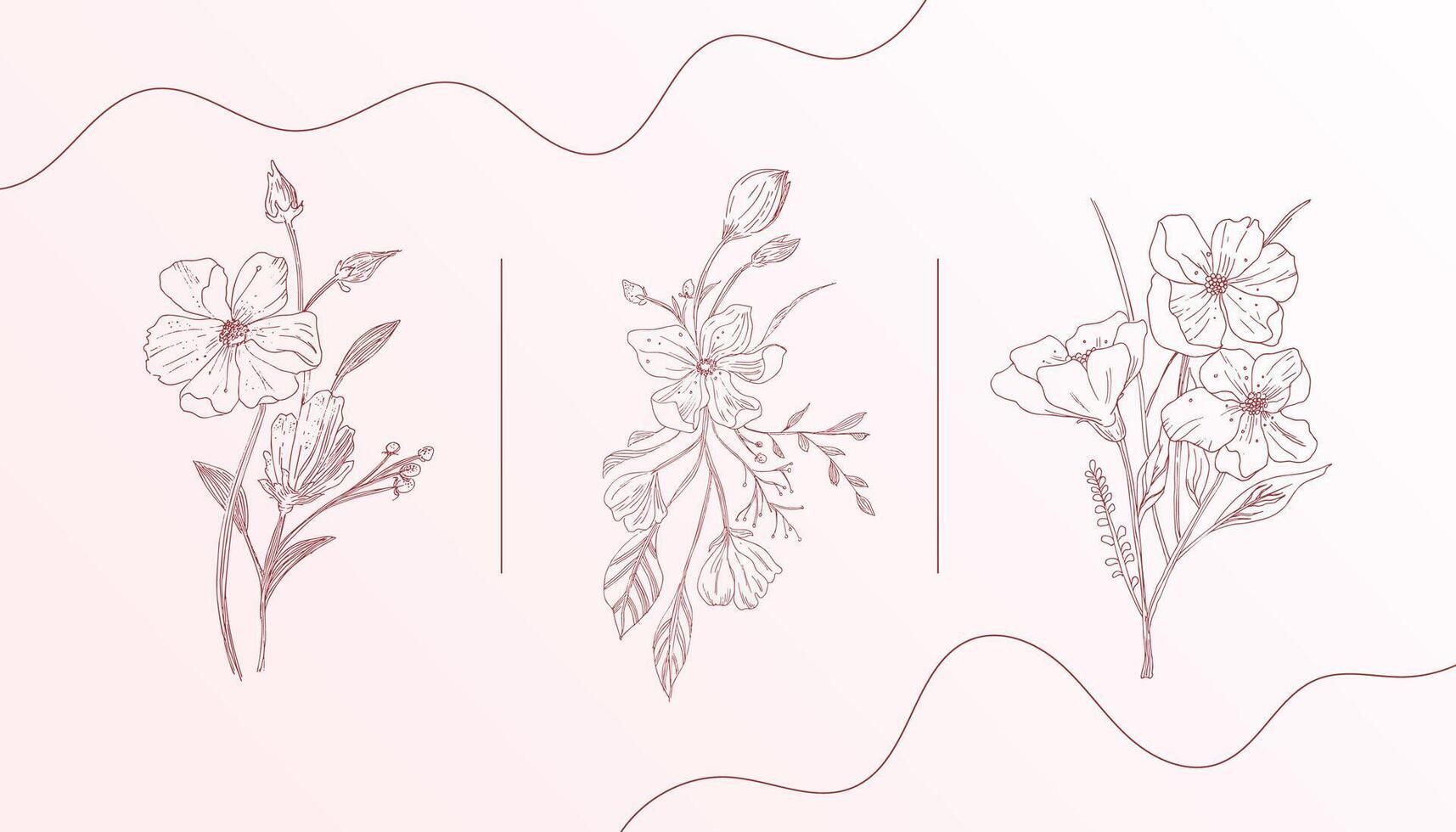 pak van lijn kunst elegant bloem en bladeren ontwerp banier vector