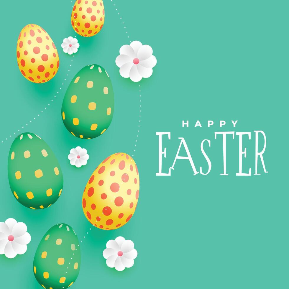 realistisch gelukkig Pasen achtergrond met vallend eieren en bloemen vector