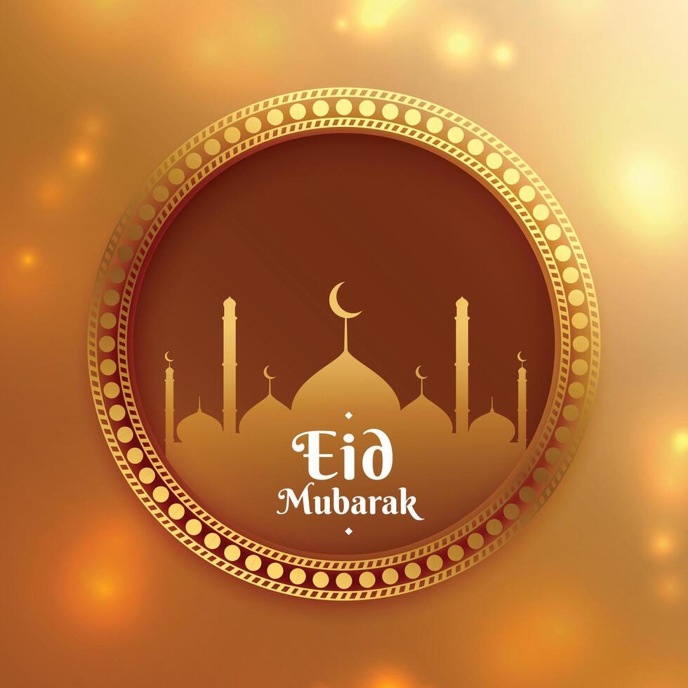 glimmend eid festival wensen gouden groet met moskee ontwerp vector