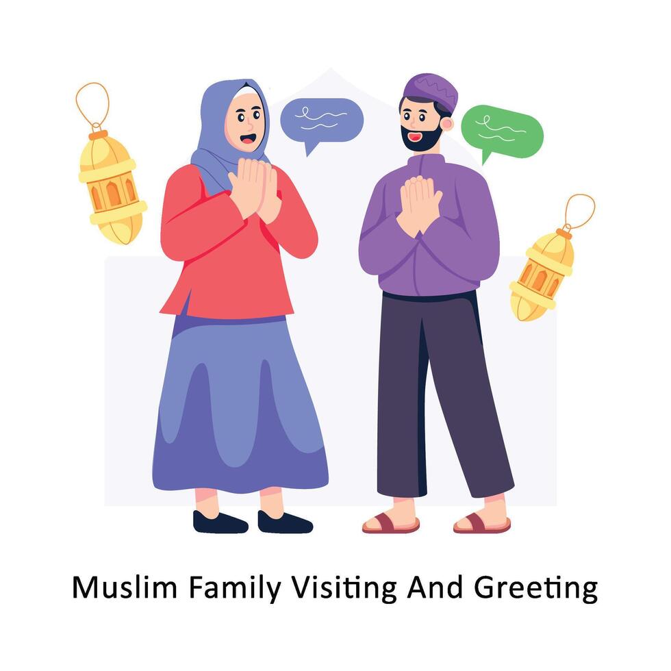 moslim familie bezoekende en groet vlak stijl ontwerp vector illustratie. voorraad illustratie