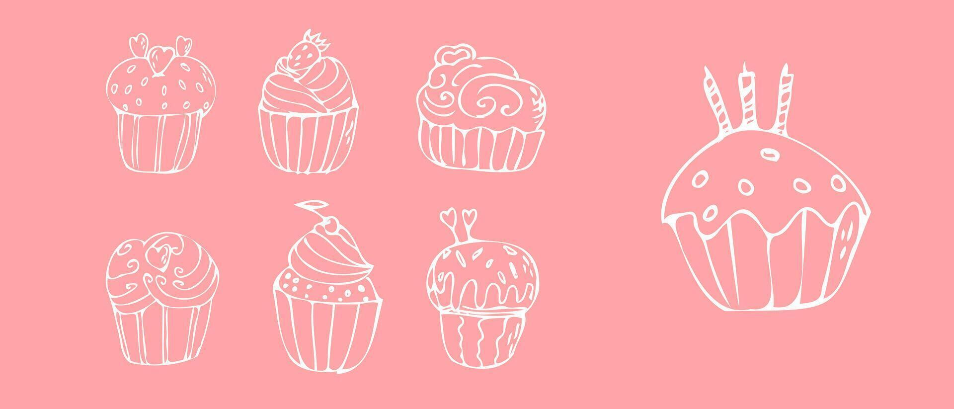 tekening cupcakes met room - zoet voedsel Aan roze achtergrond. vector illustratie kan gebruikt voor bakkerij achtergrond, uitnodiging kaart, poster, textiel, banier, groet kaart, uitnodiging kaart, bakkerij ontwerp