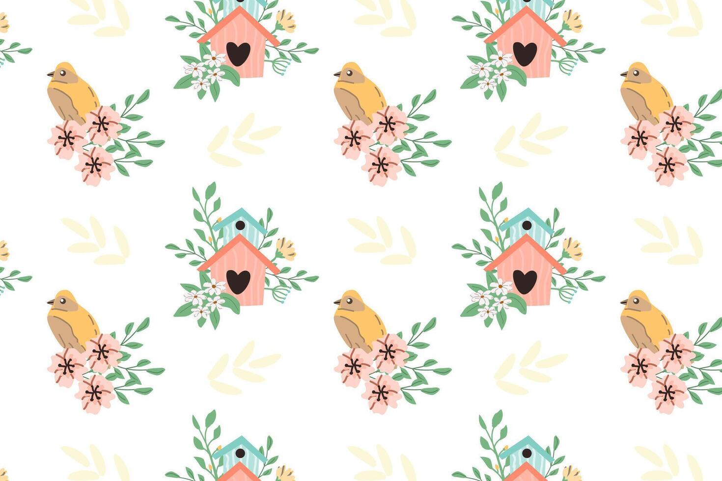 hand- getrokken voorjaar vogelstand en vogelhuisje patroon met bloemen. vector illustratie geïsoleerd. kan gebruikt voor omhulsel papier, textiel, kleren. groet kaart, achtergronden.