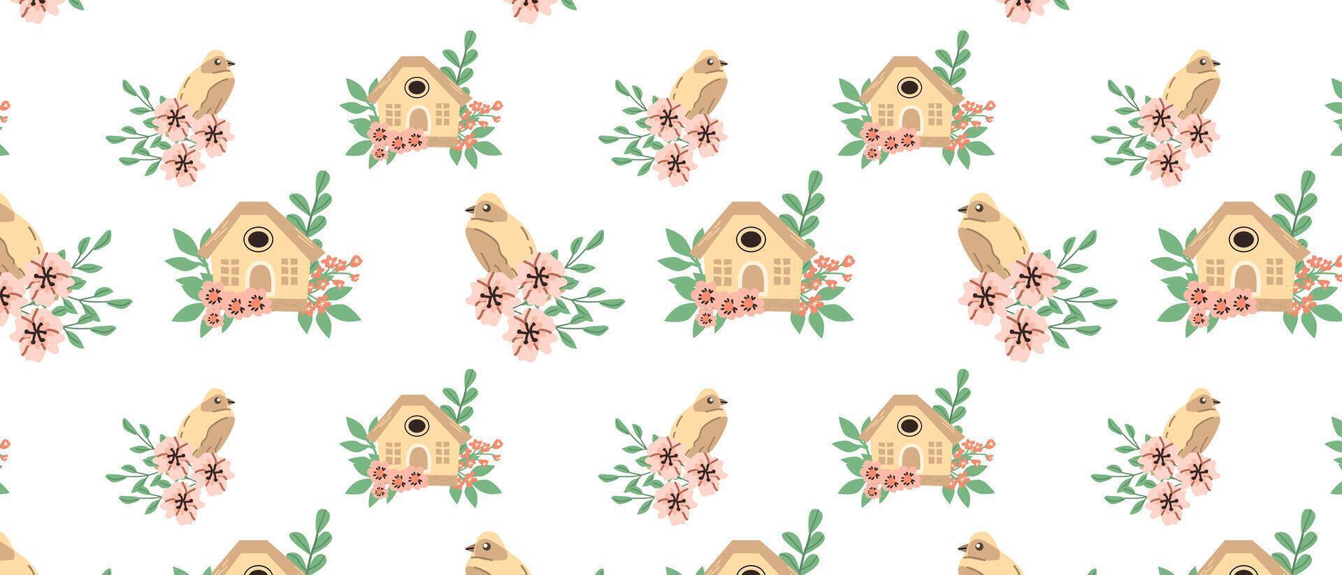 hand- getrokken voorjaar vogelstand en vogelhuisje patroon met bloemen elementen. vector illustratie geïsoleerd. kan gebruikt voor omhulsel papier, textiel, kleren. groet kaart, achtergronden.