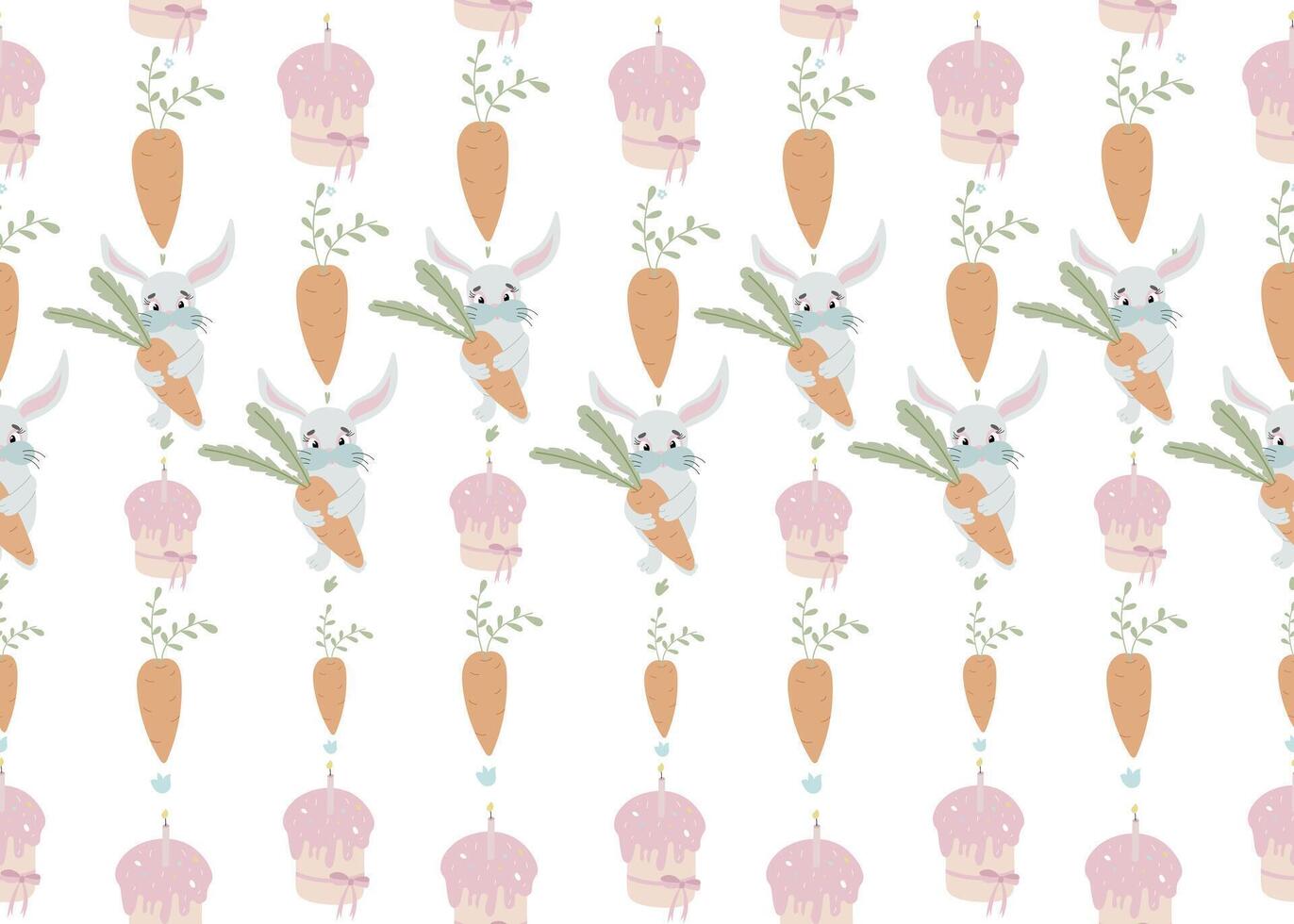 naadloos patroon met konijnen, wortels, Pasen cakes Aan wit achtergrond vector illustratie. schattig tekenfilm karakter.