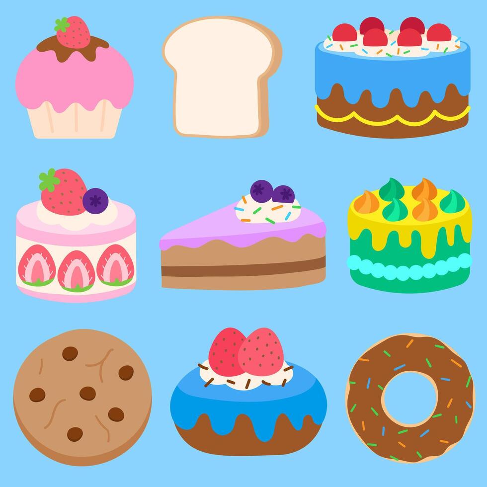 schattig zoet hand- getrokken kleurrijk verjaardag cakes cafe hoppen vector illustratie