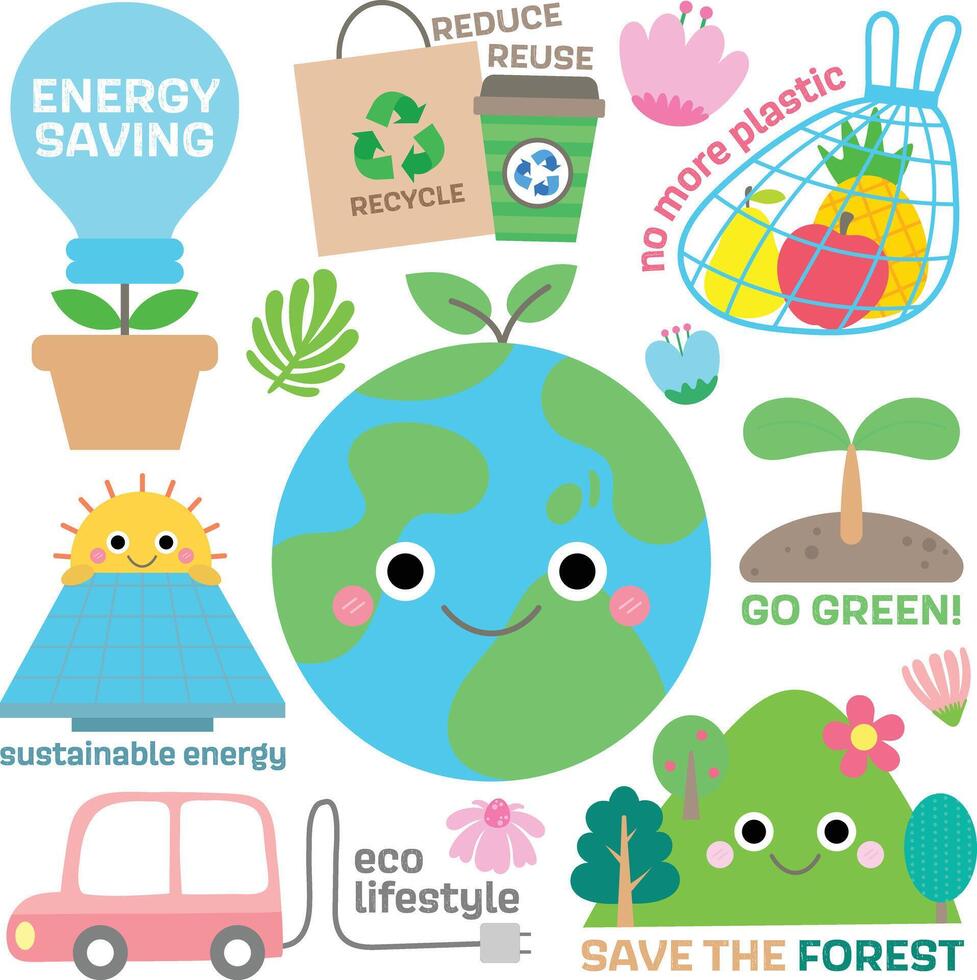 wereld aarde dag hand- getrokken schattig ecologie levensstijl en natuur bescherming vector illustratie