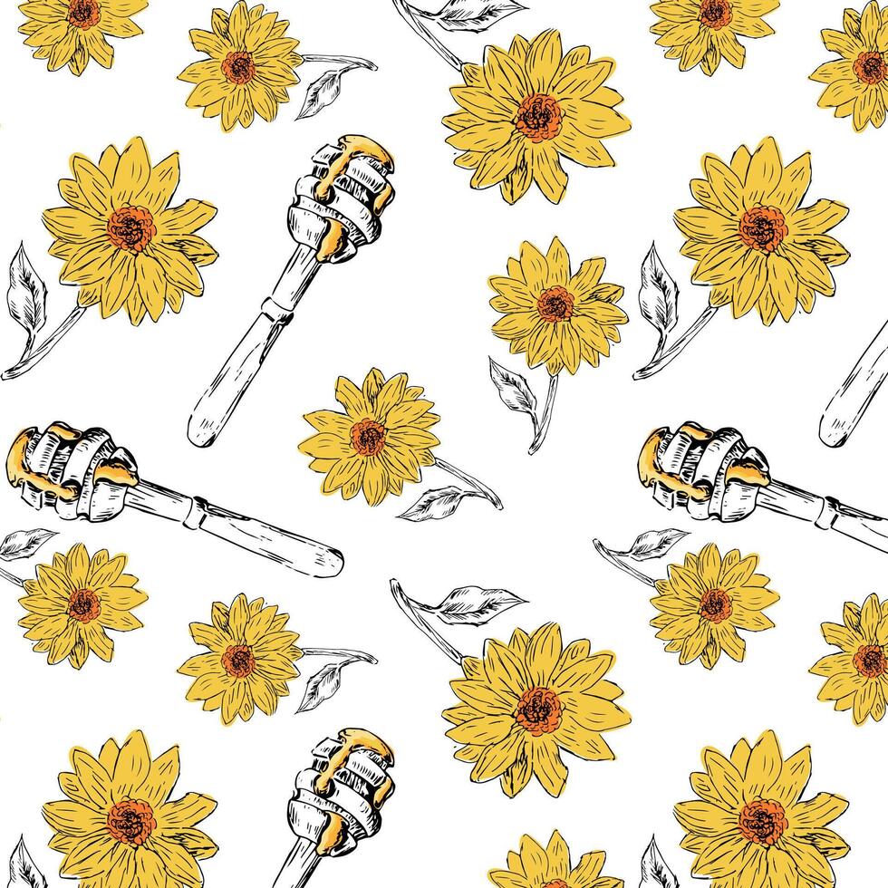 bloemen schetsen patroon met honing in geel kleur vector