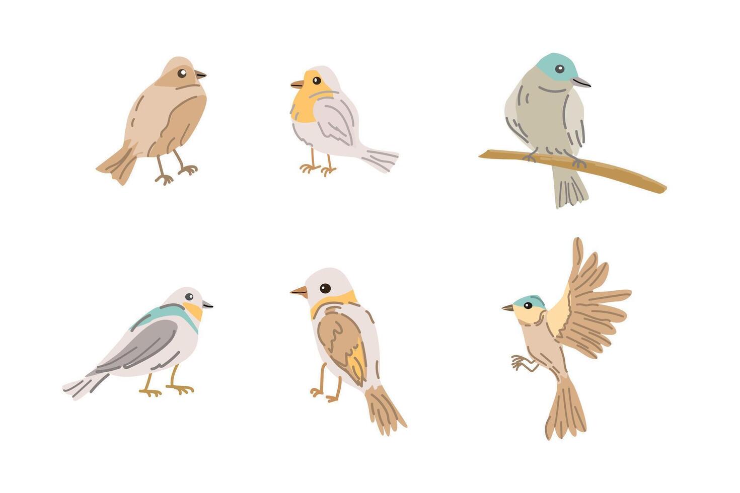 reeks van voorjaar vogelstand - schattig dieren staan, vliegend en zittend Aan hout vector illustratie geïsoleerd. kan gebruikt voor behang, poster, afdrukken ontwerp voor lap.