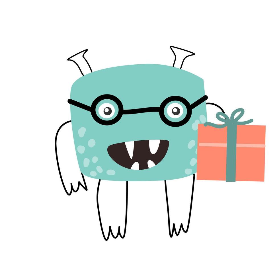 schattig monster baby karakter voor verjaardag met geschenk vector