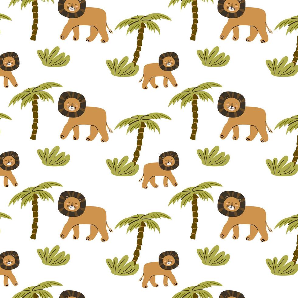 schattig wild tropisch dier leeuw en palm naadloos patroon vector