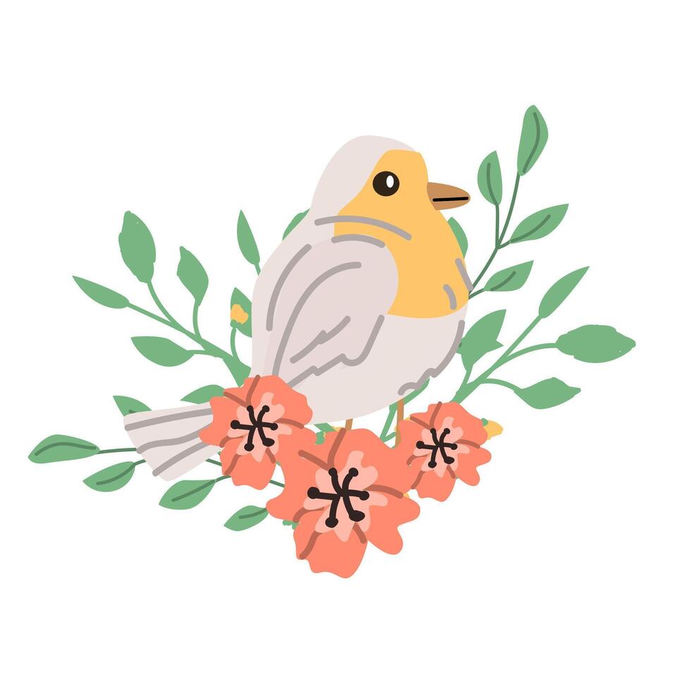 voorjaar vogel Robin zittend in bloemen en Afdeling met bladeren. vector illustratie geïsoleerd. kan gebruikt voor behang, poster, afdrukken ontwerp voor lap.