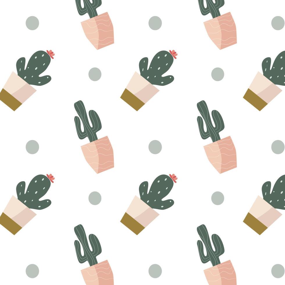 Scandinavisch kamerplant cactus in pot en dots naadloos patroon. vector illustratie van sappig bloem in decoratief pot. modern huis planten achtergrond.