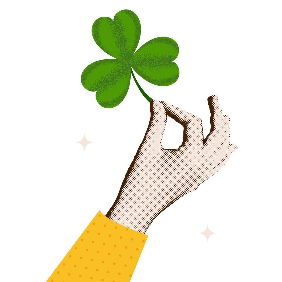 wijnoogst halftone collage hand- Holding Klaver blad. vrouw gescheurd uit papier arm met groen klaver, geluk en succes symbool. vector tekenfilm realistisch illustratie geïsoleerd. st. Patrick banier sjabloon