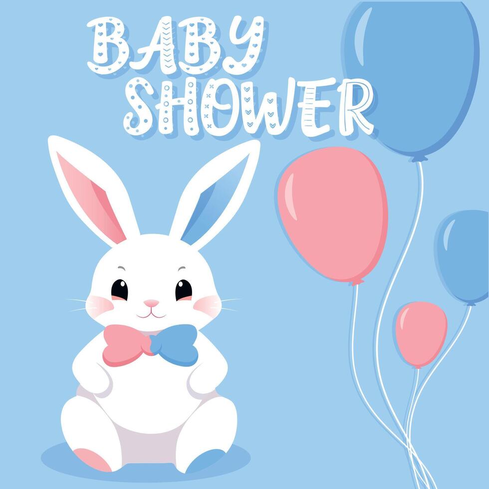 baby douche of geslacht partij kaart. uitnodiging geslacht feest. schattig konijn en ballonnen. vector illustratie