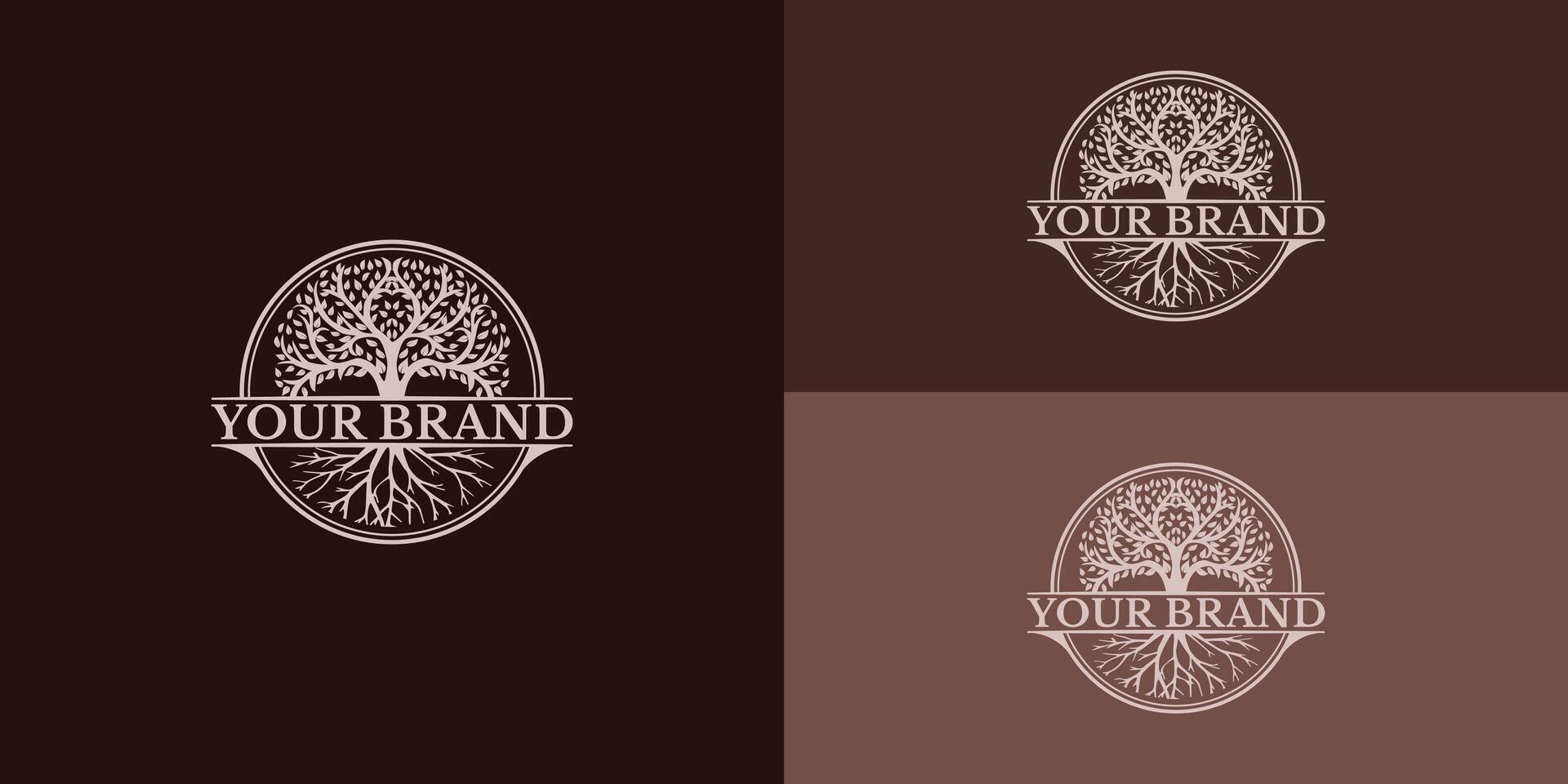 illustratie van luxe eik boom logo ontwerp wijnoogst vector sjabloon in zacht goud kleur gepresenteerd met meerdere bruin achtergrond kleuren. de logo is geschikt voor natuur bedrijf logo ontwerp inspiratie