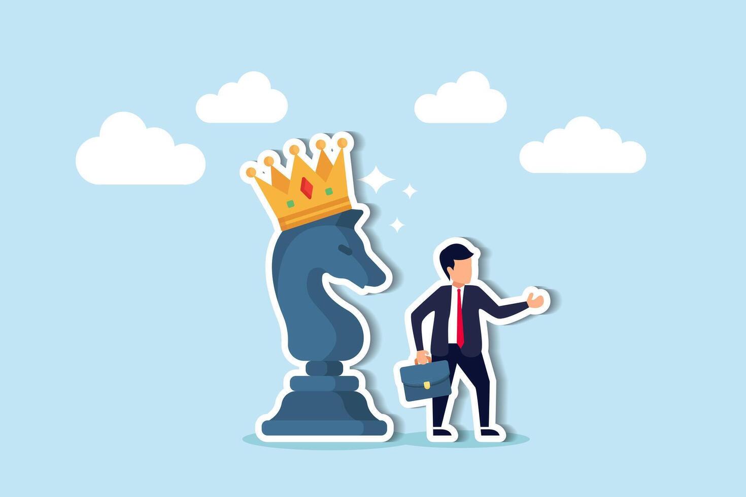 strategisch besluit maken door leiderschap navigeert bedrijf uitdagingen, in dienst nemen tactiek naar overwinnen obstakels en winnen, slim zakenman richten vinger naar direct schaak ridder met koning kroon. vector