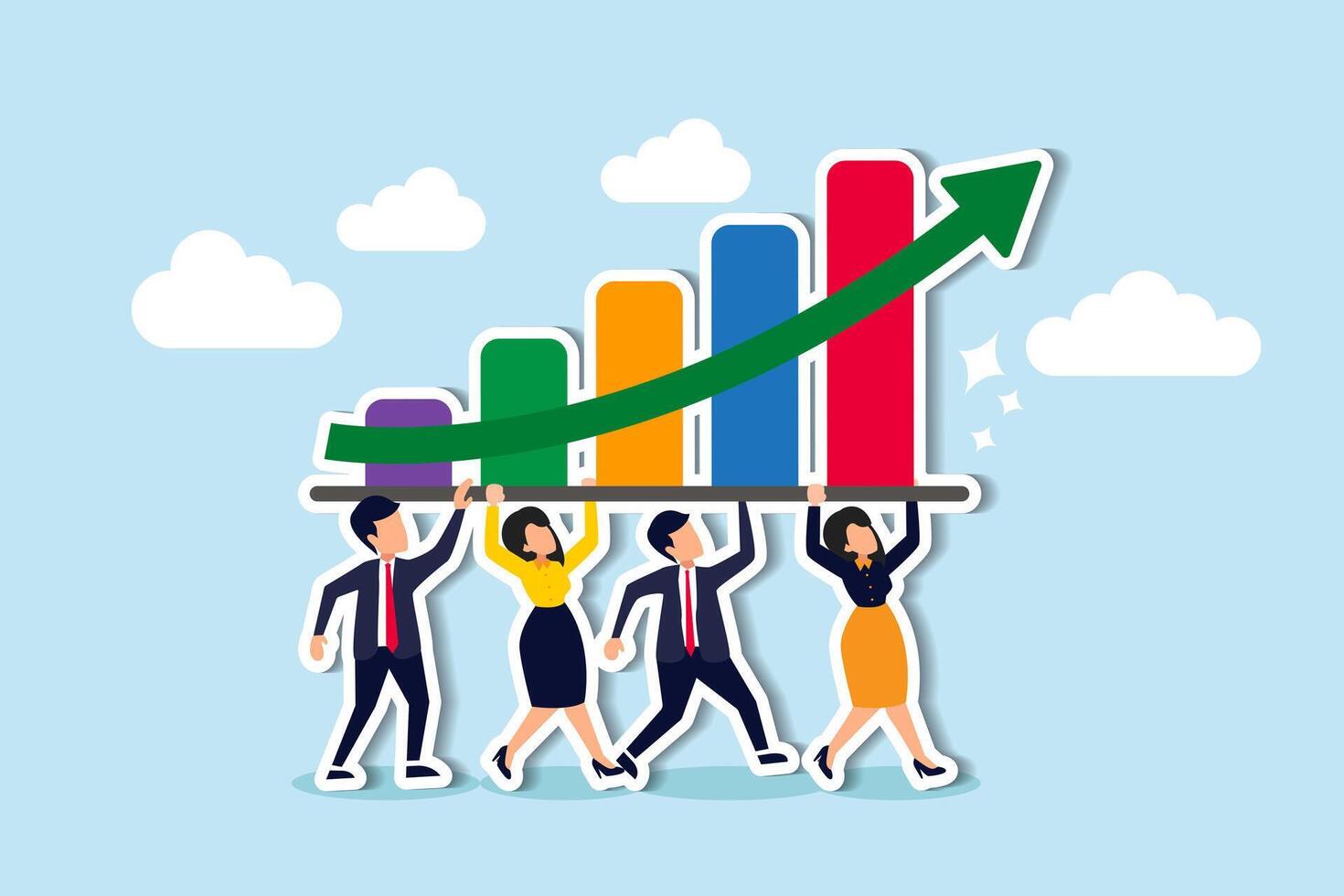 bedrijf voorschotten door groei, verbetering, en strategisch team planning, vordert naar succes concept, bedrijf mensen medewerkers helpen draag- groeit diagram samen. vector