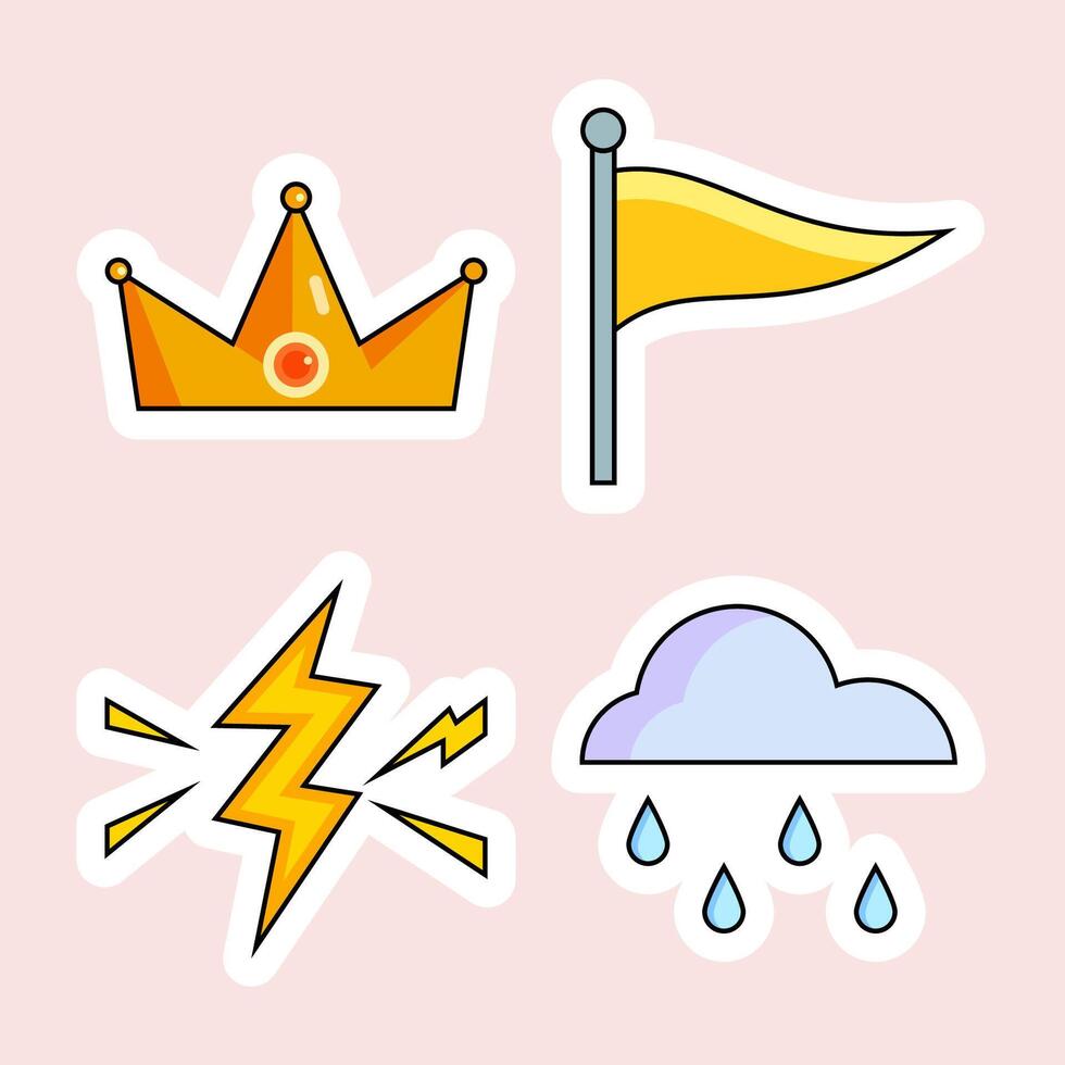 sticker reeks tekenfilm, schattig klem kunst, kroon, vlag, donder, regen vector