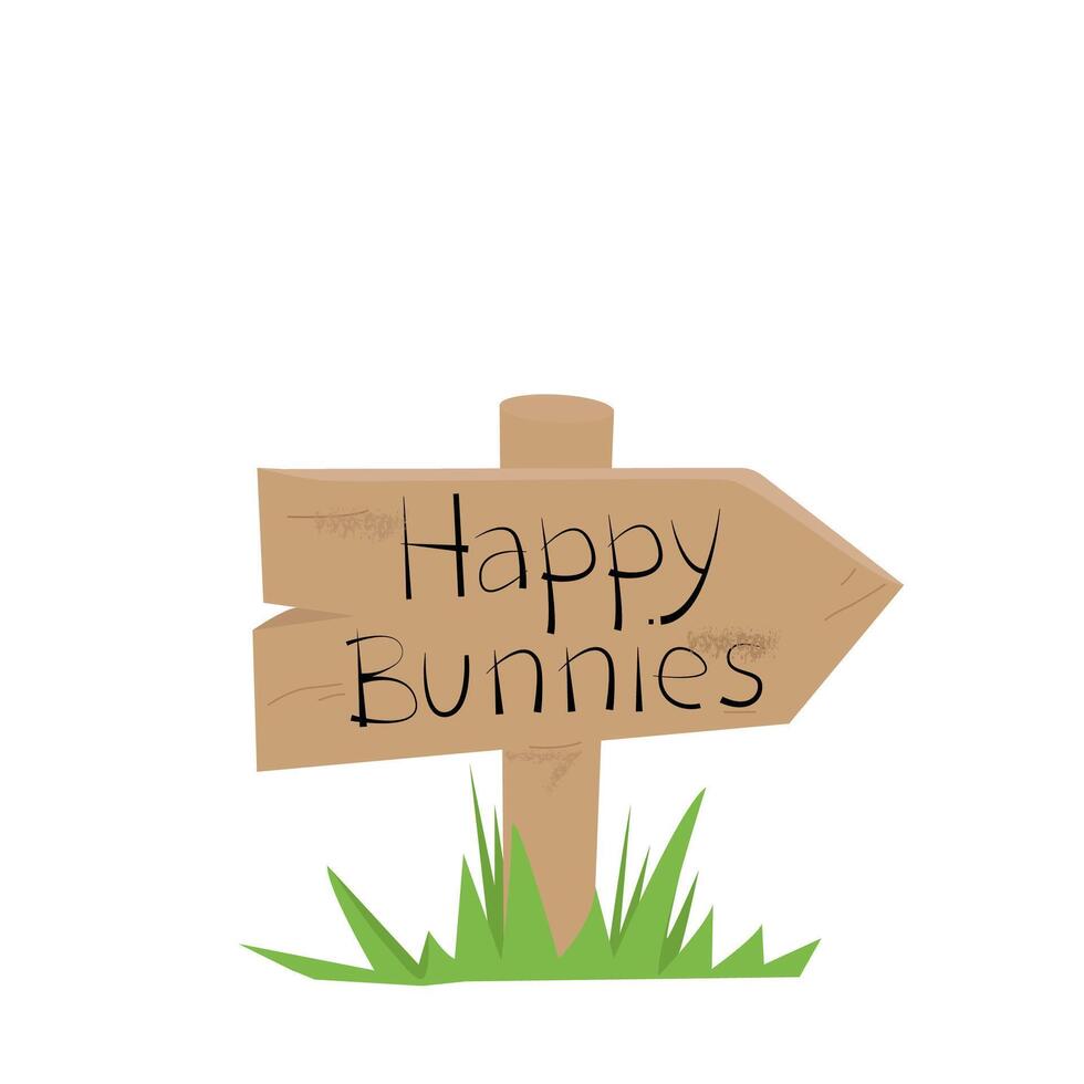 wegwijzer met de opschrift gelukkig konijntjes. houten hangen. houten teken. groen gras. vector illustratie, ansichtkaart, banier