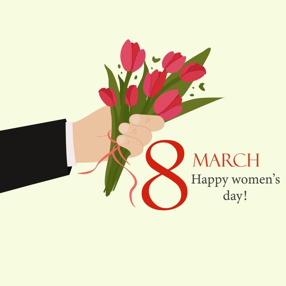 een man's hand- in een pak houdt een boeket van rood tulpen. een mooi boeket, geschilderd met uw eigen handen. bloemist. ansichtkaart voor maart 8. Internationale vrouwen dag. vector