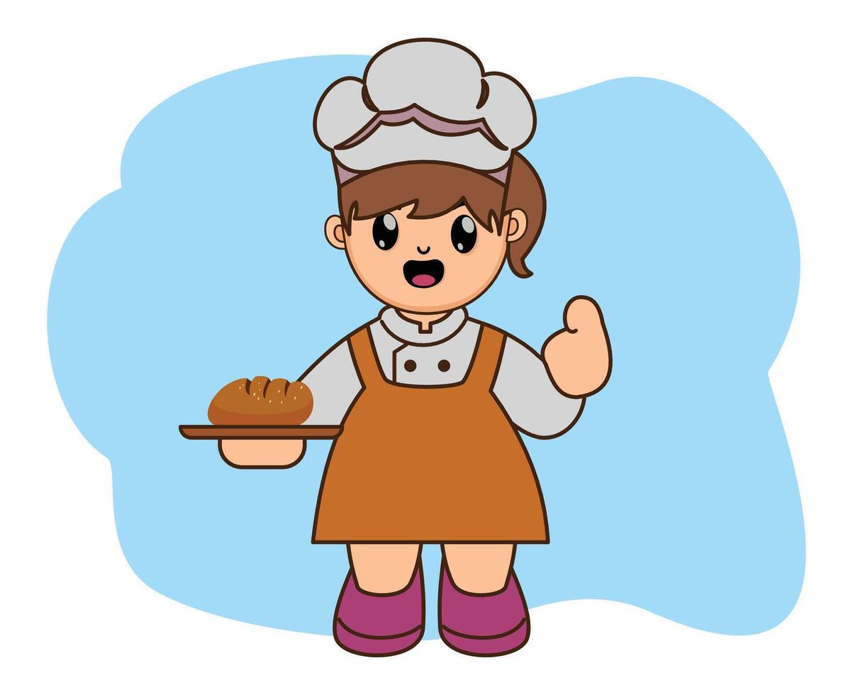 schattig tekenfilm vrouw chef Holding brood dienblad vector