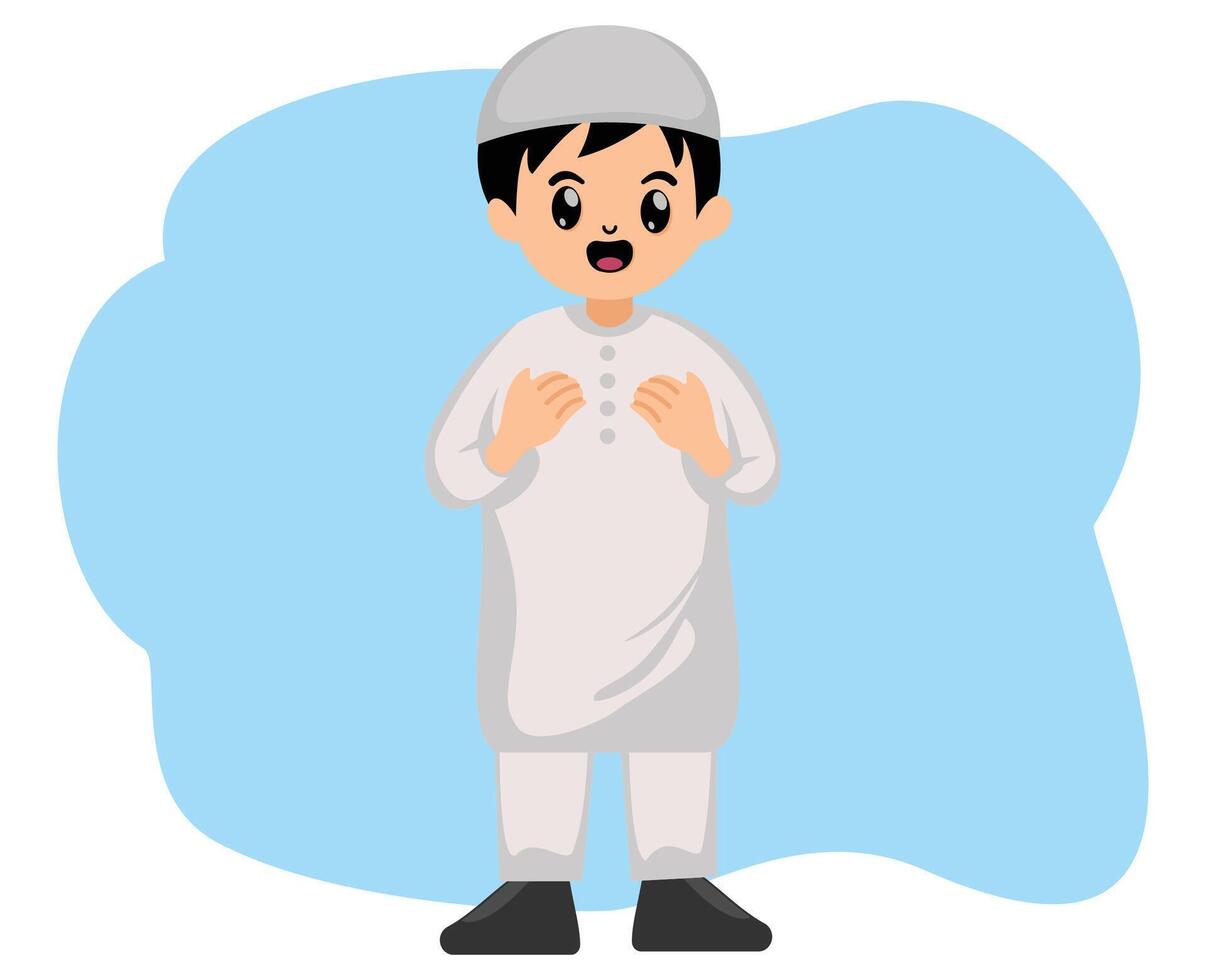schattig jongen moslim tekenfilm bidden houding vector