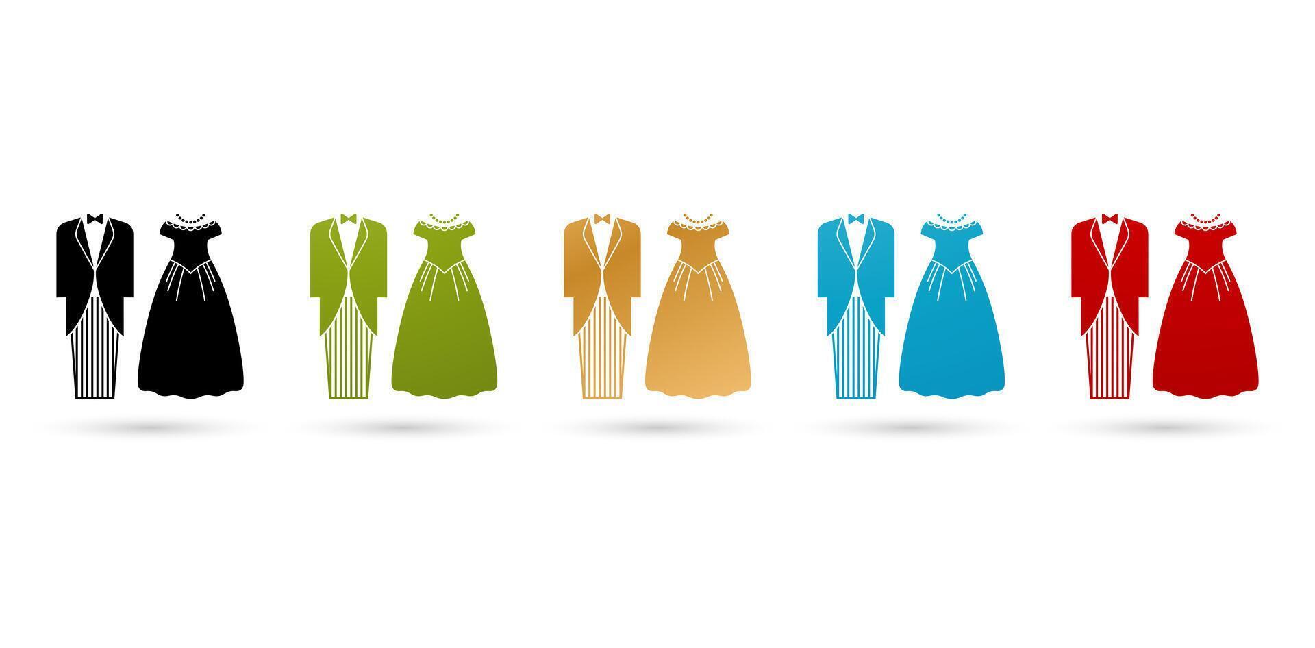 vector illustratie Dames jurken en smoking geïsoleerd Aan een wit achtergronden met vijf kleuren voor teken s, symbolen, toilet hangen, accessoires sticker, kleding logos materiaal, gebruiker koppel ontwerpen