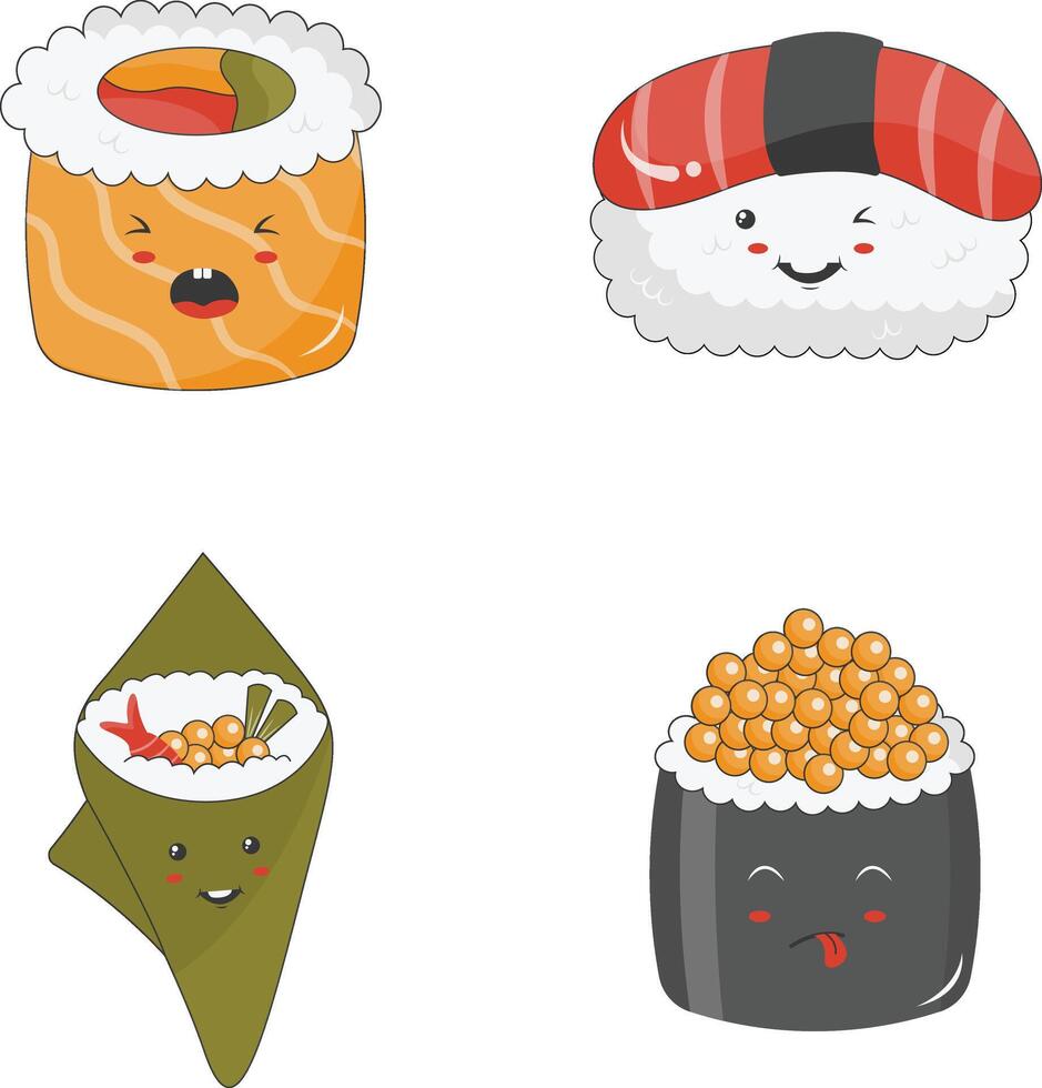 kawaii sushi illustratie Aan wit achtergrond. tekenfilm karakter verzameling. vector