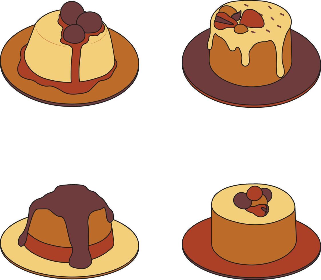 zoet pudding toetje met chocola topping. vector illustratie