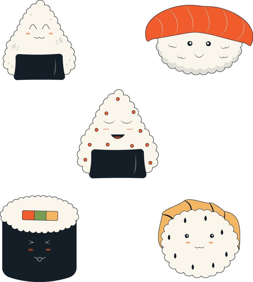 kawaii sushi illustratie set. tekenfilm ontwerp stijl. geïsoleerd vector