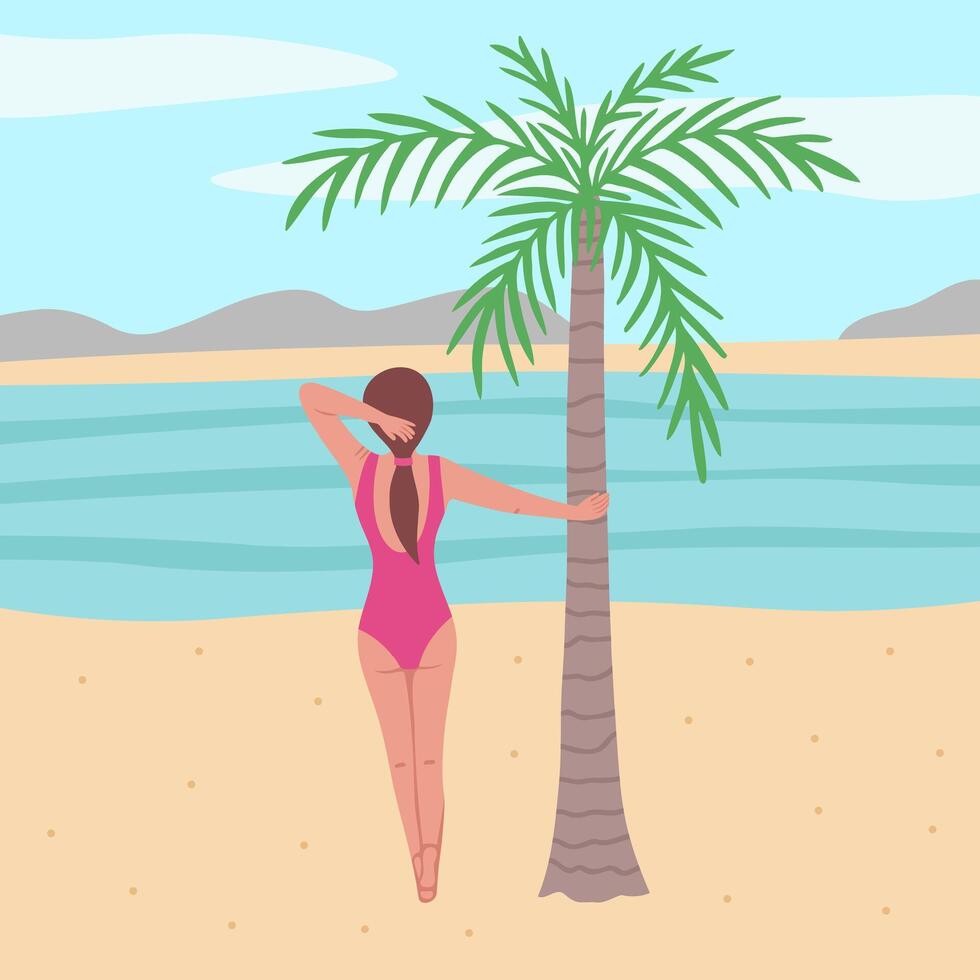 meisje Aan de strand, vrouw houdt op een palm boom, looks uit naar de zee. illustratie voor achtergronden en verpakking. beeld kan worden gebruikt voor kaart, poster en sticker. geïsoleerd Aan wit achtergrond. vector