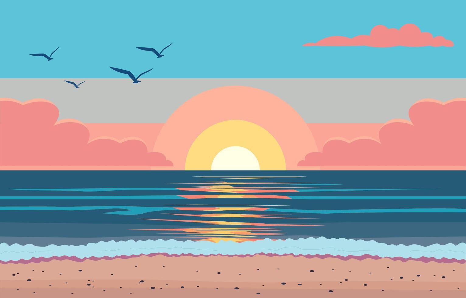 vlak ontwerp van mooi strand landschap met meeuwen vliegend in kleurrijk lucht Bij zonsondergang vector