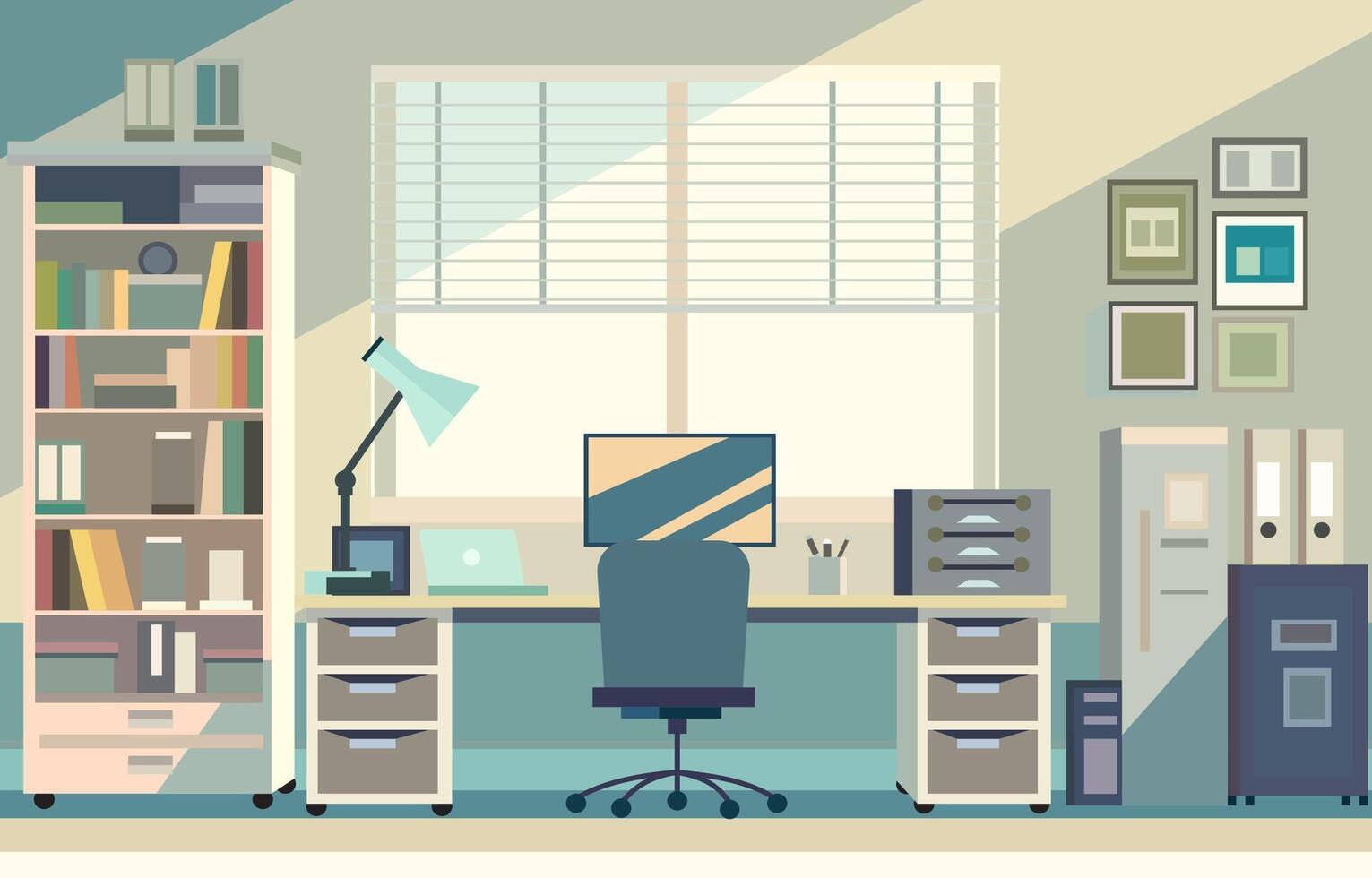 vlak vector ontwerp van werkruimte landschap met boekenplank in de kantoor