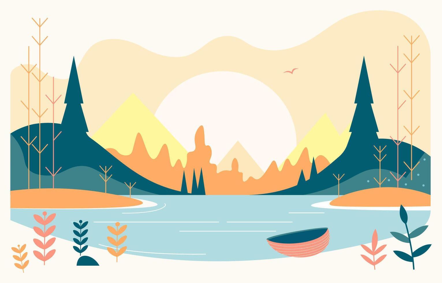 vlak ontwerp illustratie van meer rivier- met berg en pijnboom bomen in zomer vector