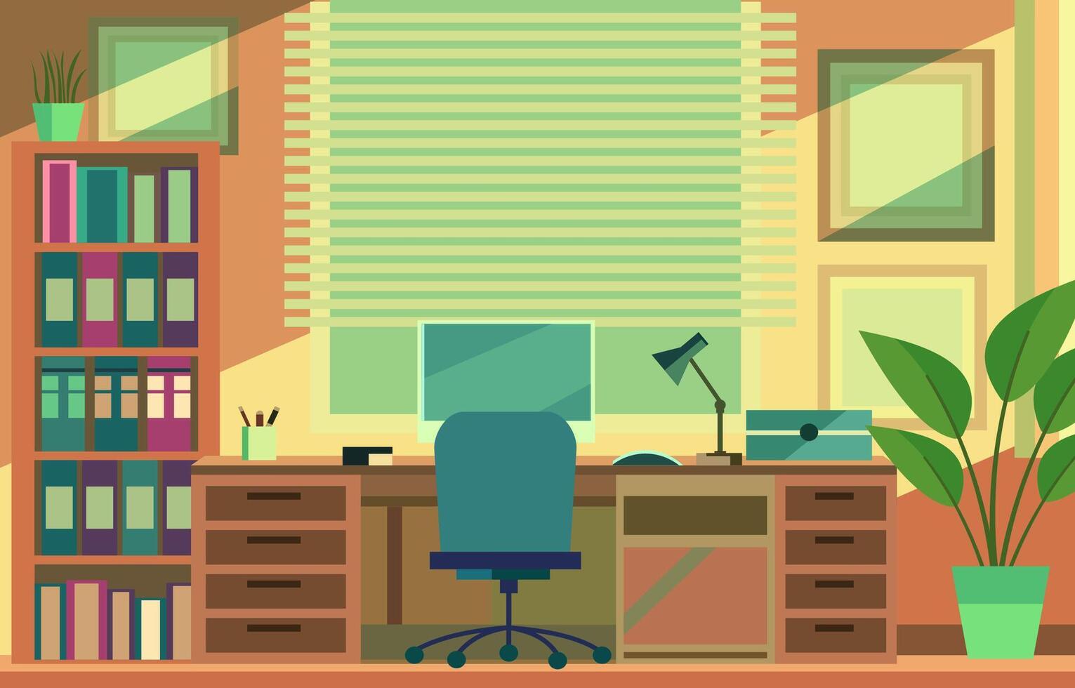 vlak vector ontwerp van kleurrijk werkplaats landschap in de kantoor met modern interieur stijl