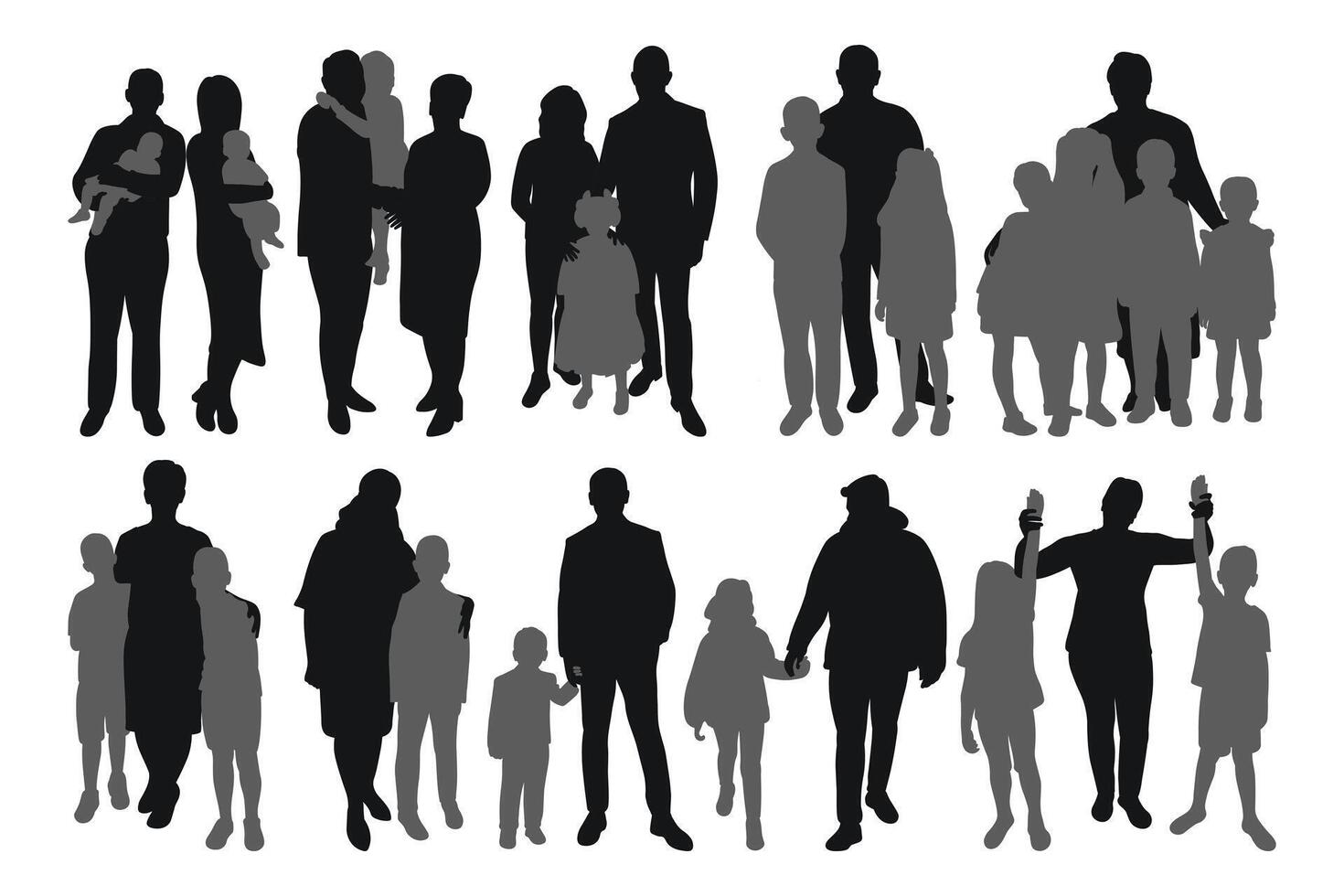 silhouet beeld van menigte van volwassenen en kinderen, familie, geïsoleerd vector